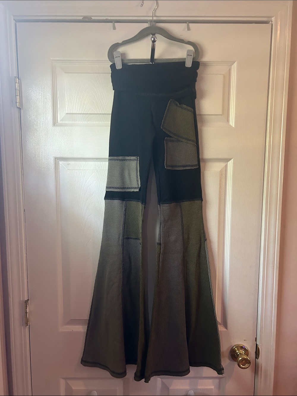 Waffle Knits Black & Olive Patchwork Flare Pants XXS